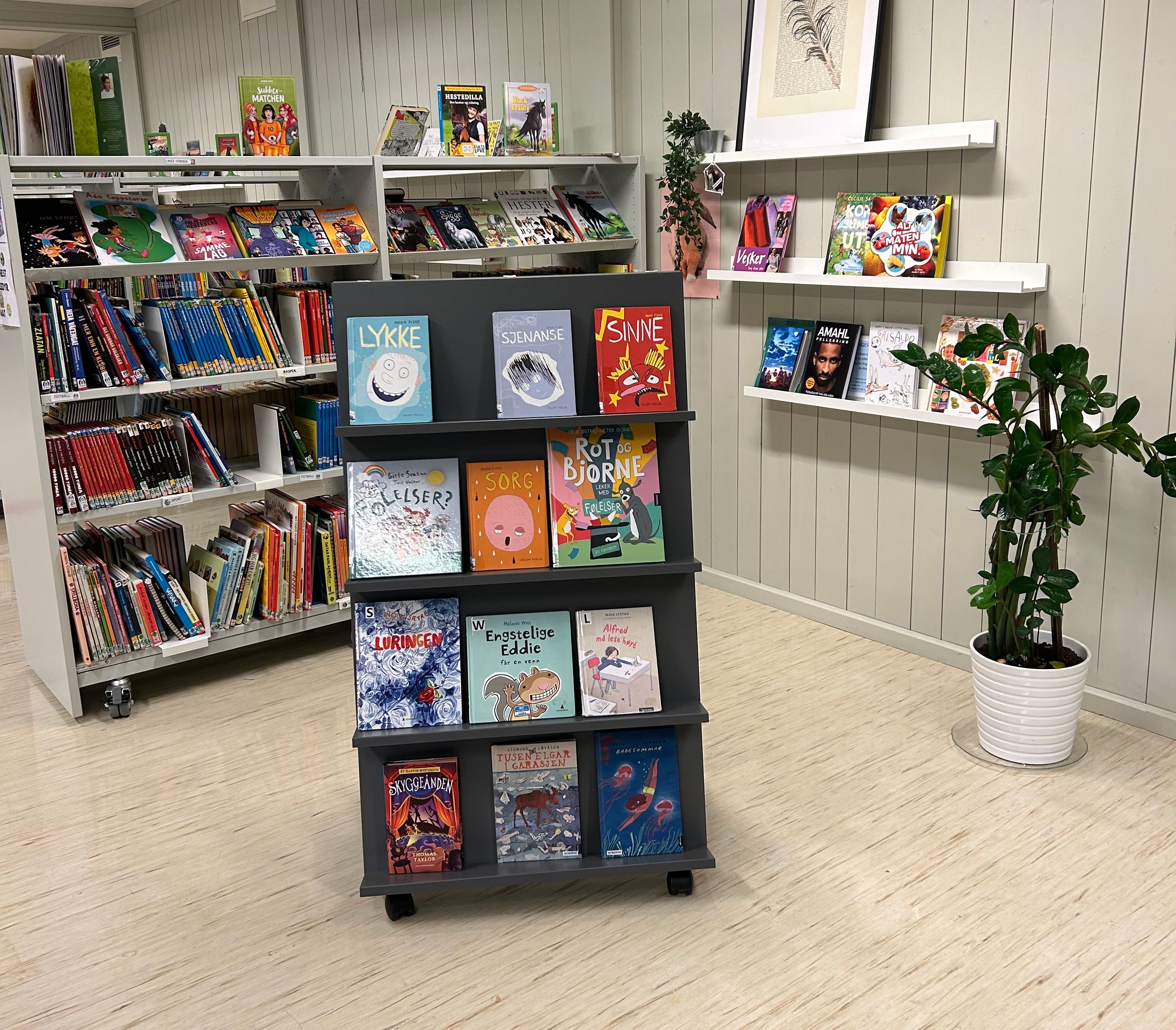 en bok kalt lykke sitter på en hylle i et bibliotek