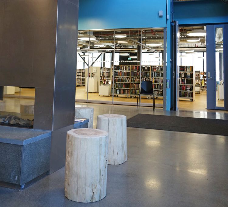 Aust-Lofoten bibliotek med blå vegger og krakker laget av tømmer