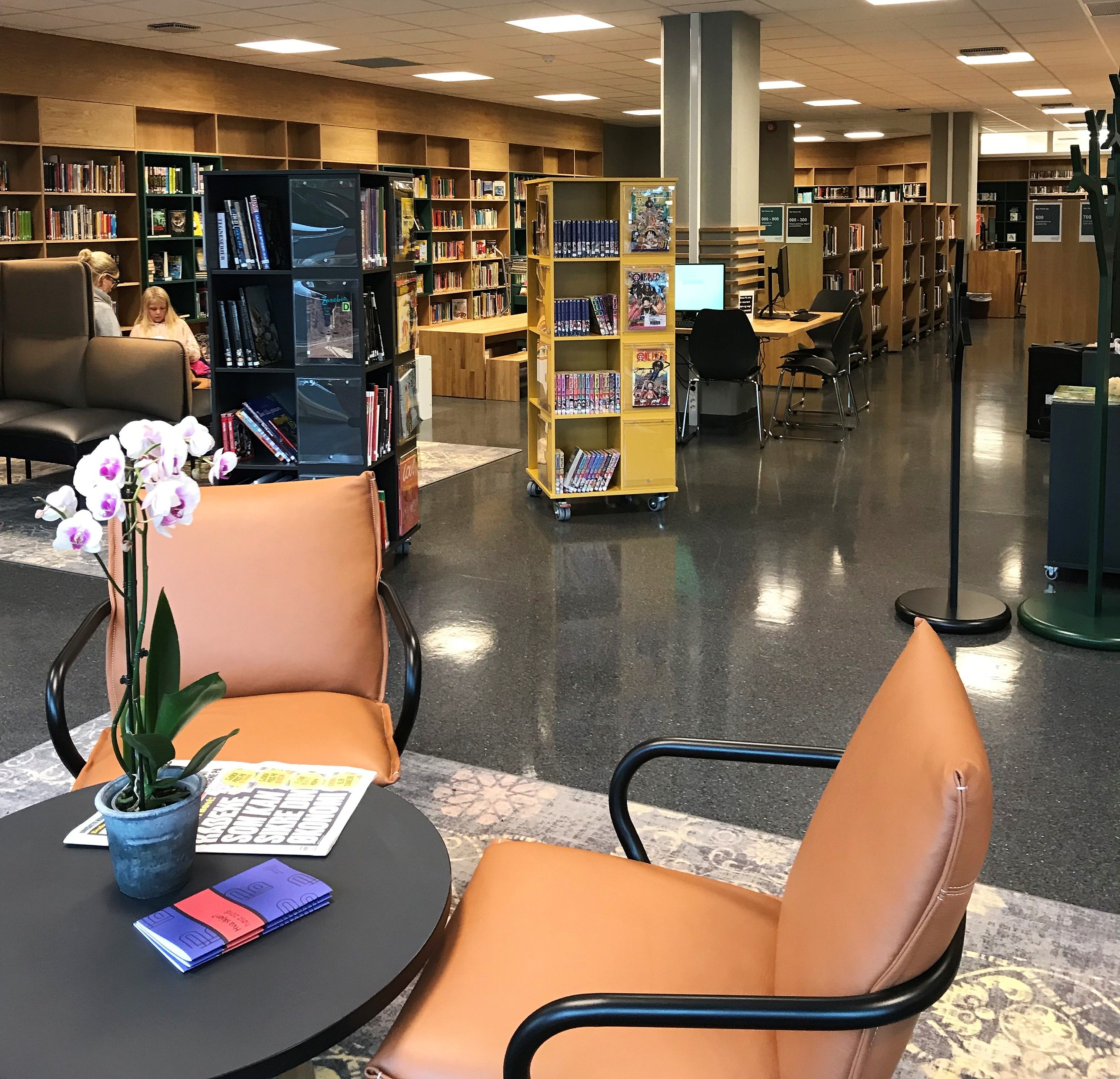 et bibliotek med et bord og stoler og et magasin som sier 'bingo' på det