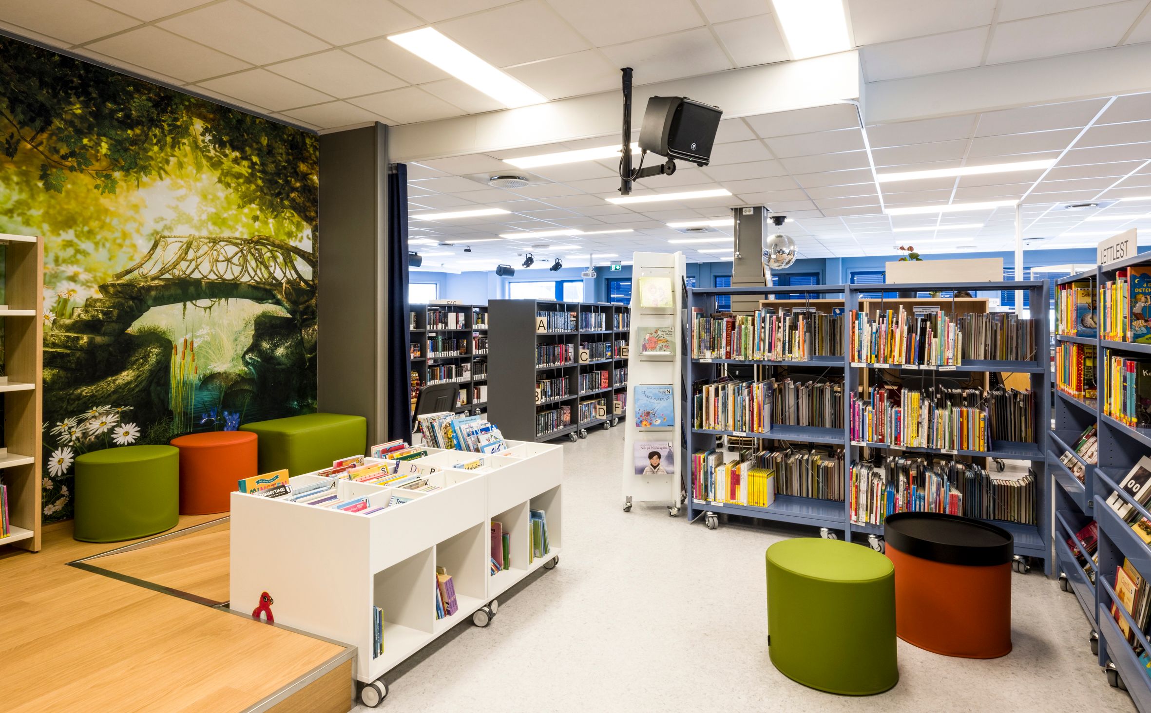 et bibliotek med fototapet av en eventyrskog