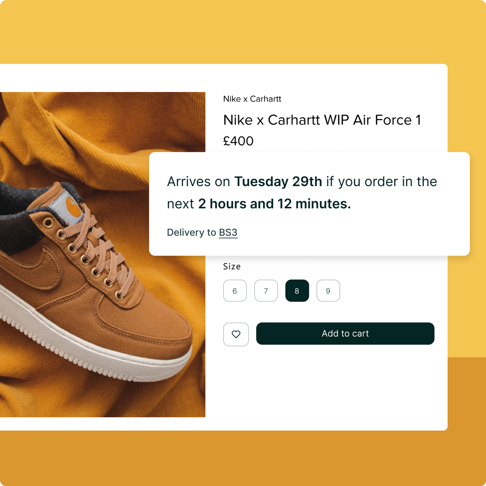 Product page for the Nike x Carhartt WIP Air Force 1 (£400) showing a personalised delivery promise overlay: "Arrives on Tuesday 29th if you order in the next 2 hours and 12 minutes, delivery to BS3," alongside size selection and an add to cart button