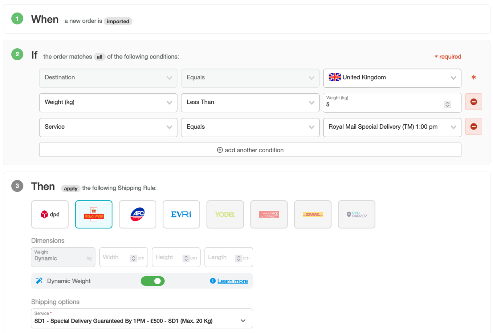 A screen capture of Zenstores' Shipping Rules, automated ecommerce shipping and fulfilment workflows, set-up. 