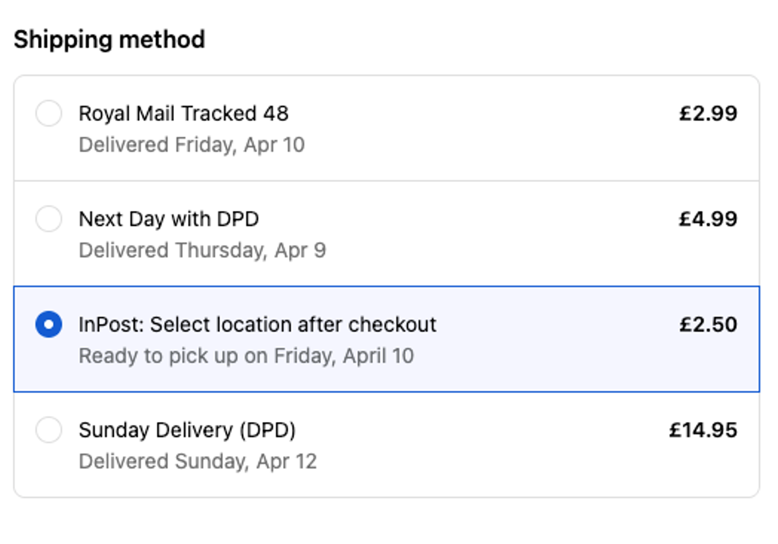 Shopify's shipping selection widget on the checkout page, displaying InPost locker delivery as an option, alongside Royal Mail and DPD. They all show a clear delivery estimate and shipping costs. This is powered by Zenstores