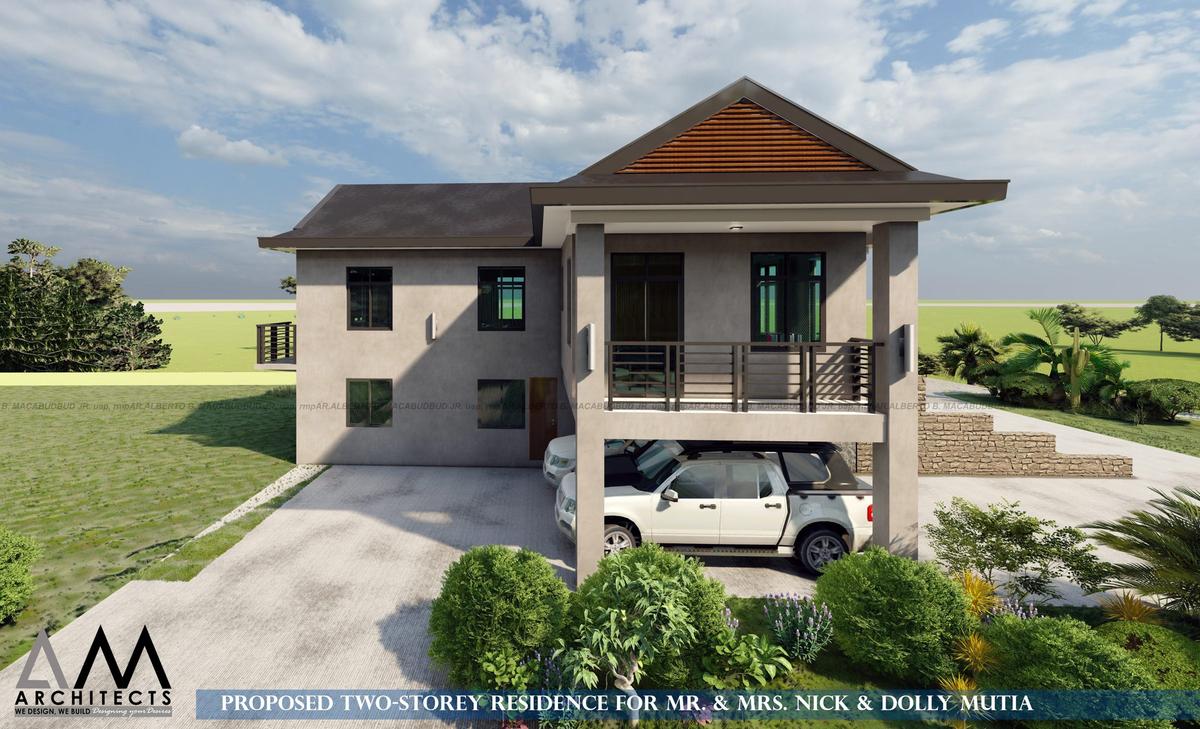 Side view showing the upper-floor balcony and carport