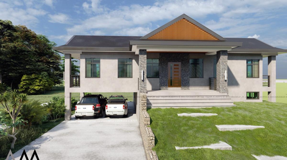 Two-storey hip-roof residence with carport and stone-clad columns in Carmen