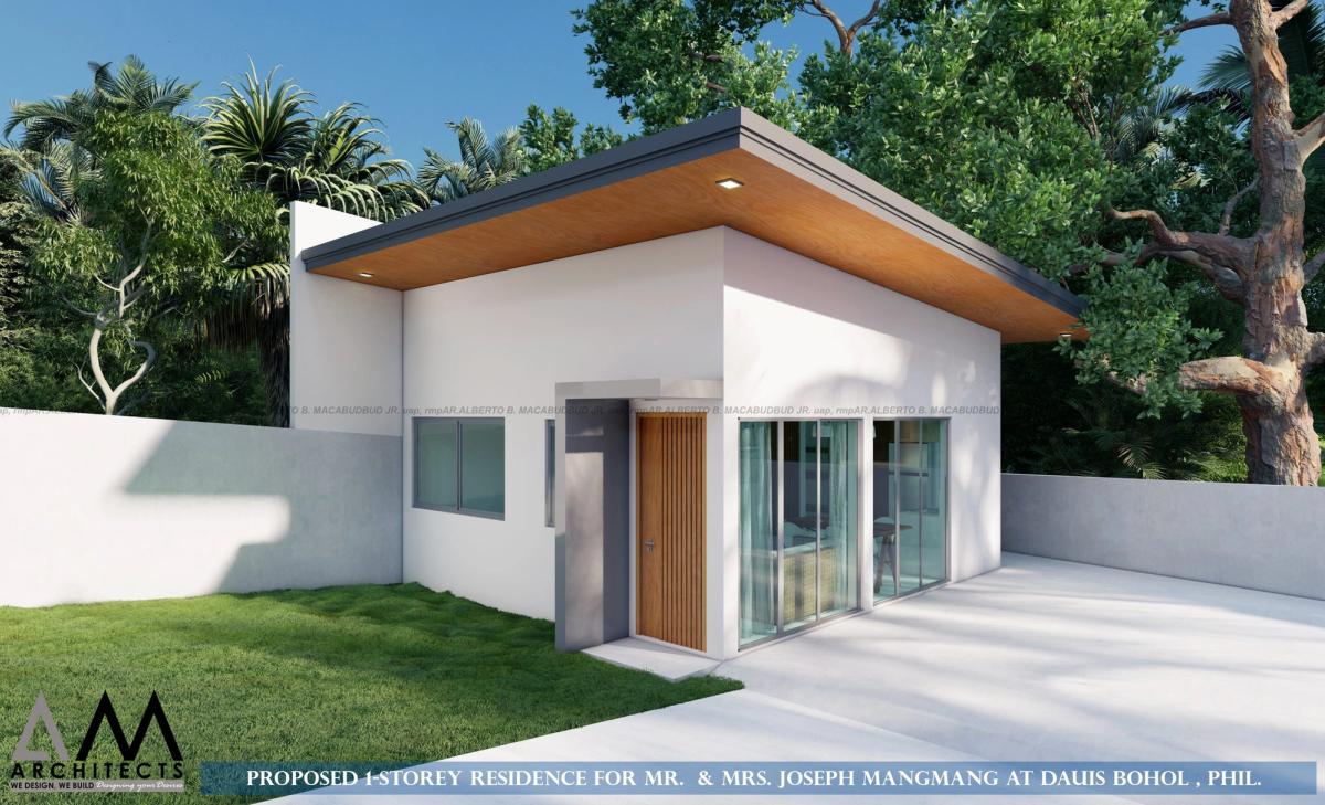 Corner view of the house with timber door and glazed sliding doors