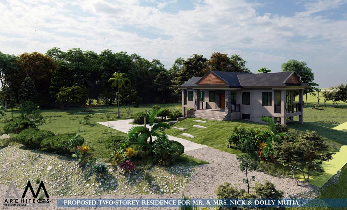 Aerial view of the house surrounded by trees and a garden path