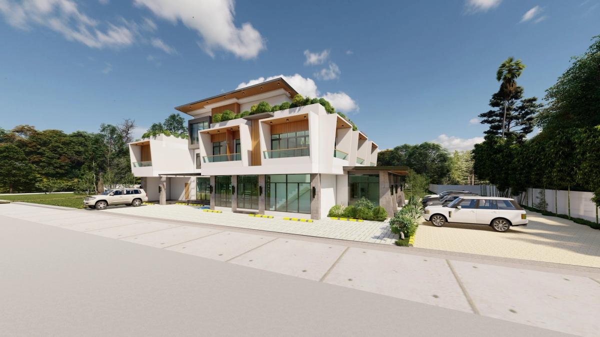 Corner view of the building and parking