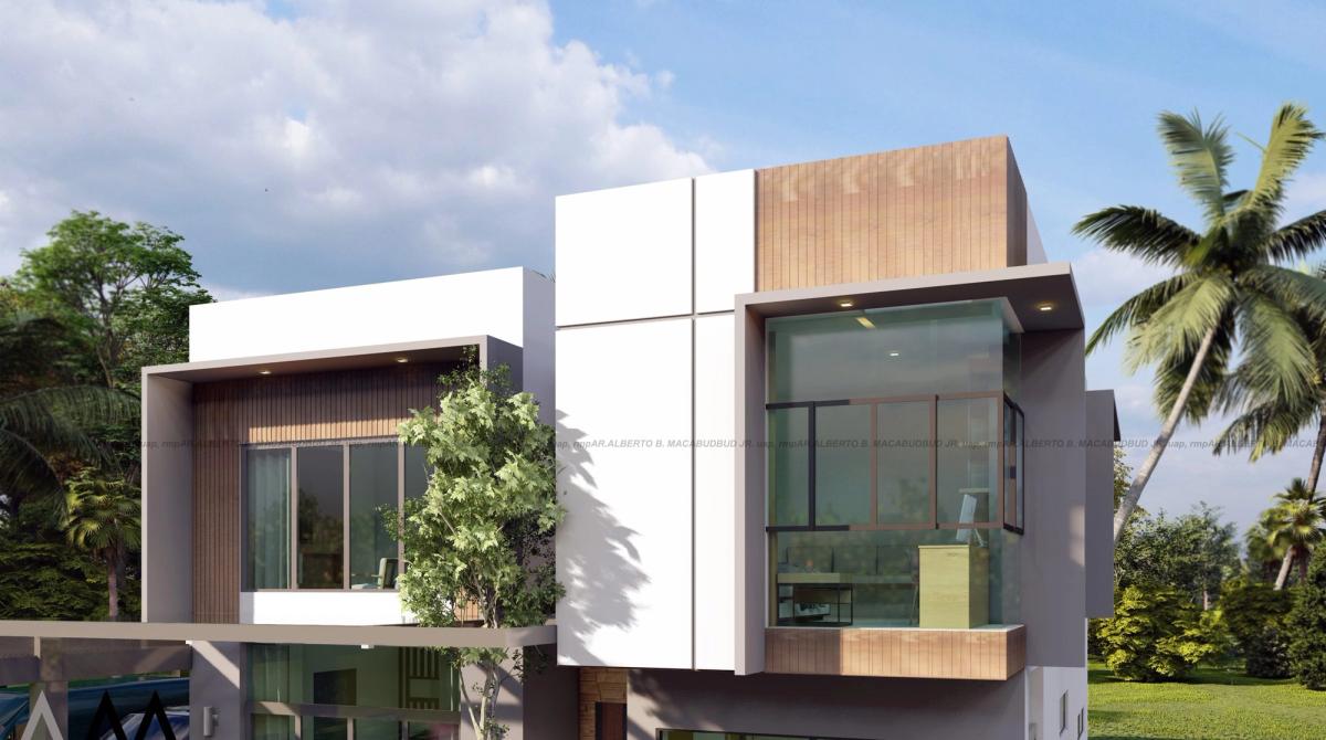 Renovated white building with timber cladding and corner glazing in Carmen