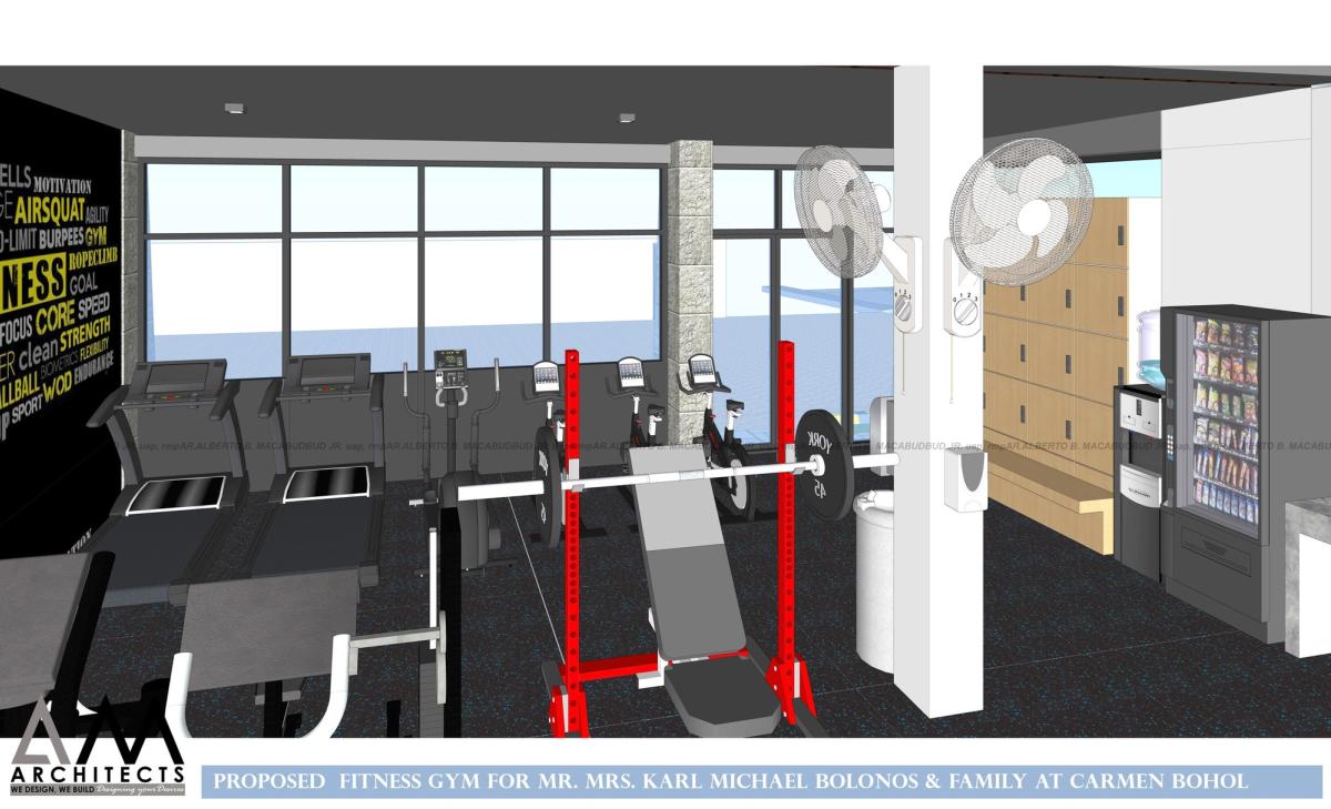 Early model view of the gym with lockers and vending machine