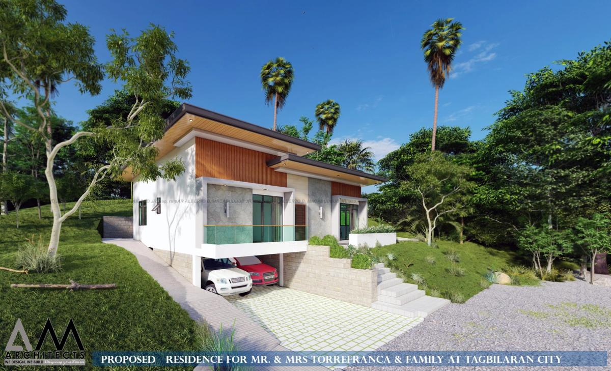 Side view showing the garage level and steps
