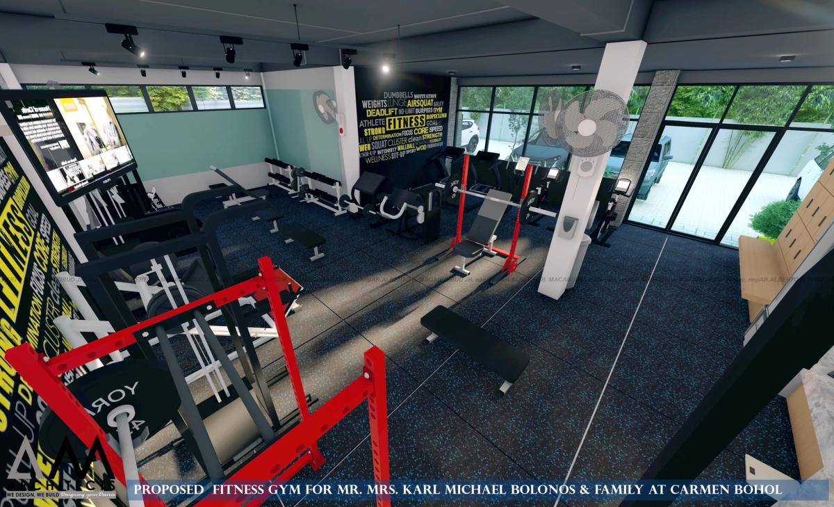 Weights area with squat rack and benches