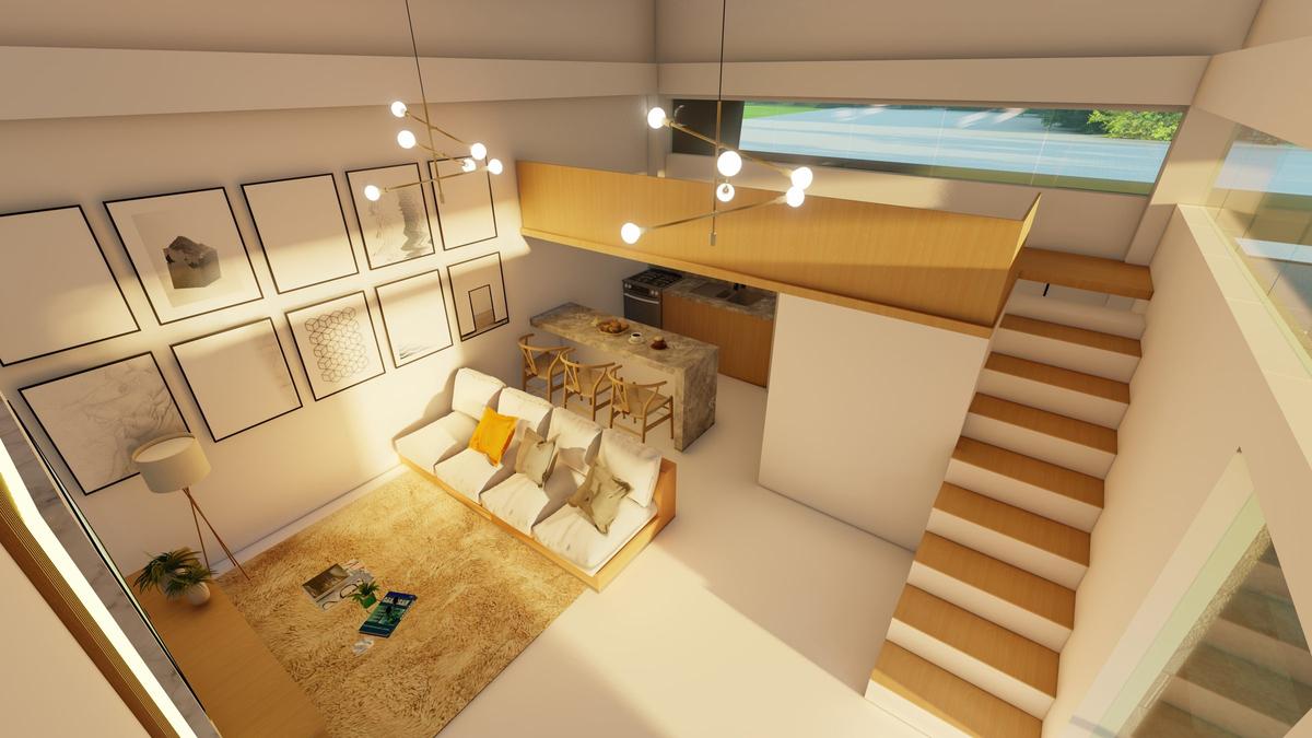 Interior living space with an open timber staircase