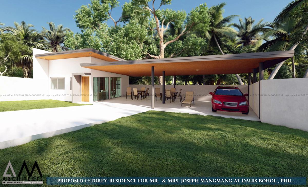 Single-storey residence with a long cantilevered roof and garden in Dauis