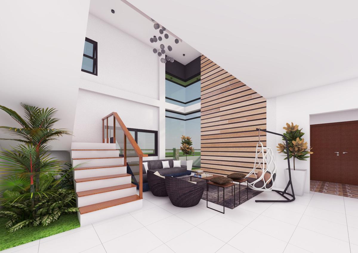 Double-height living space with slatted timber feature wall