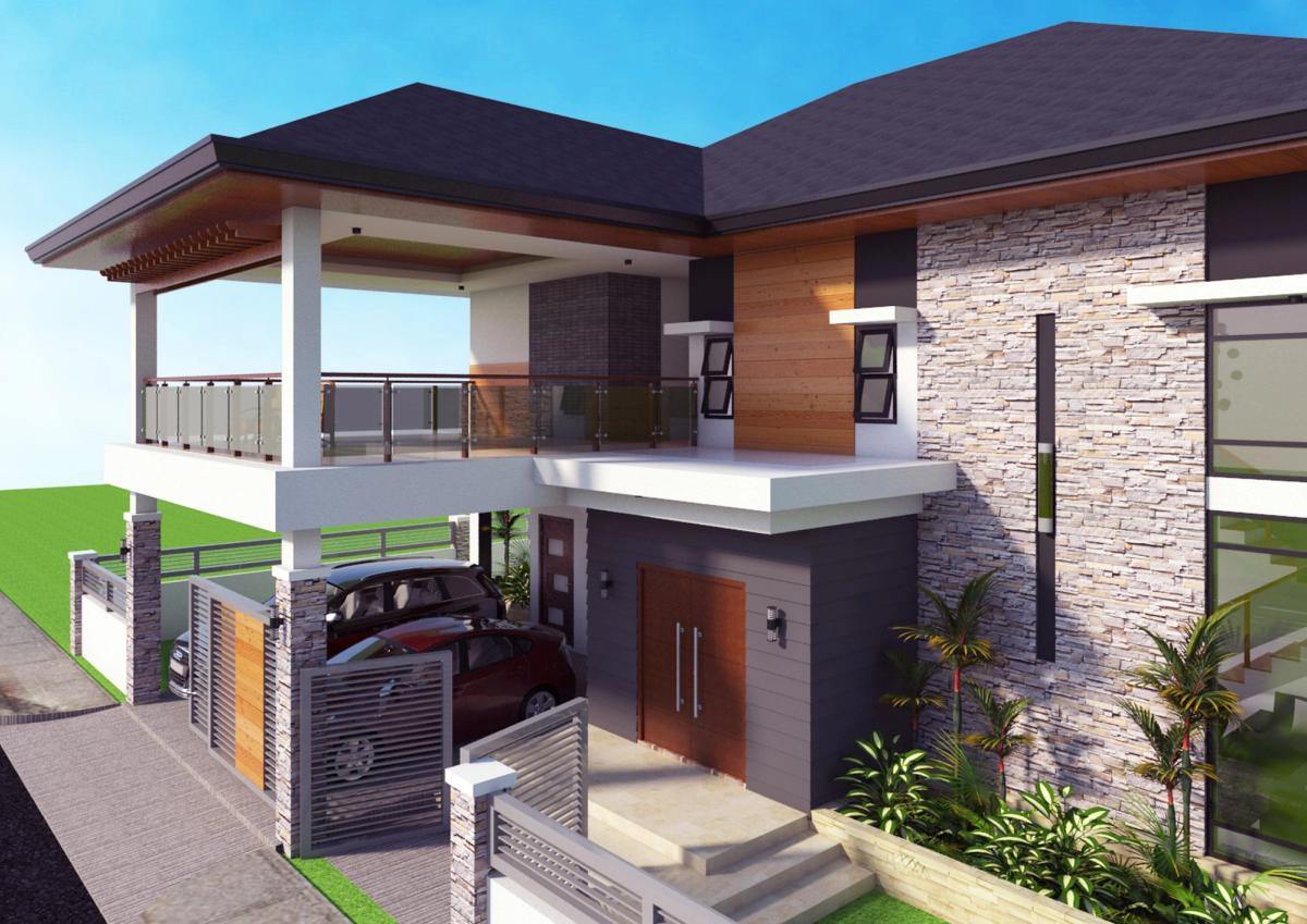 Two-storey residence with stone-clad facade, balcony and garage