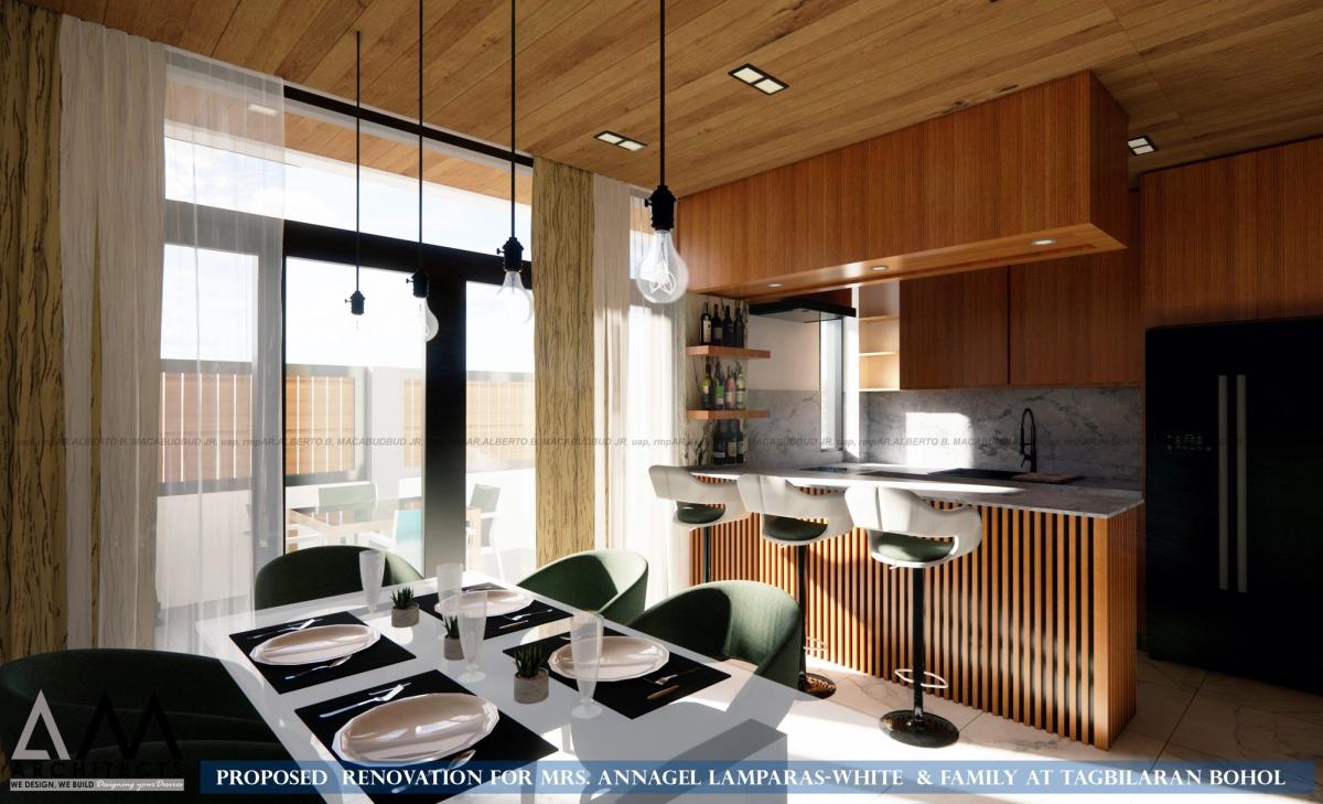 Kitchen with timber cabinetry and slatted breakfast bar