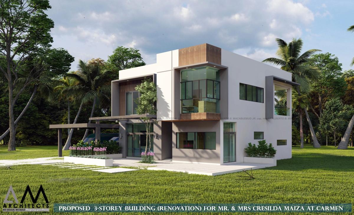 Side view of the building among coconut palms