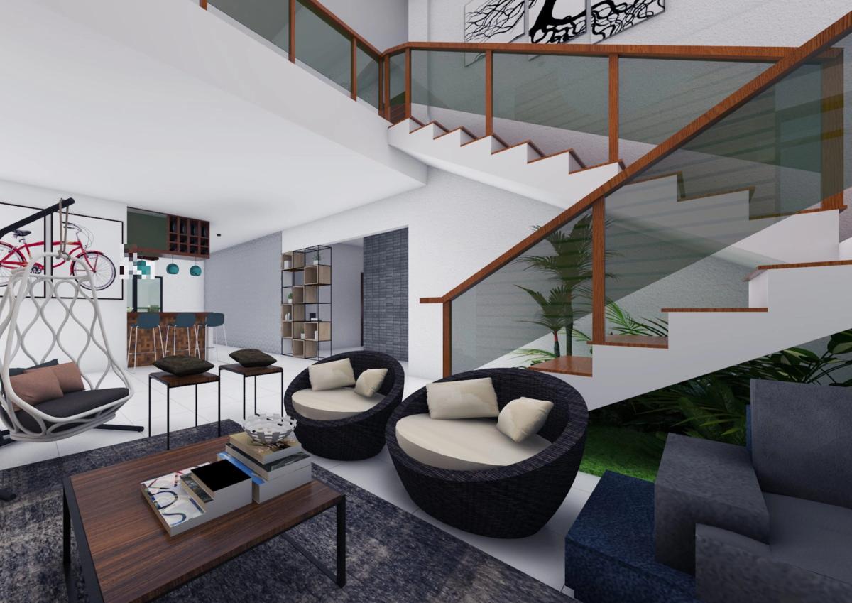 Living area beneath a timber-and-glass staircase