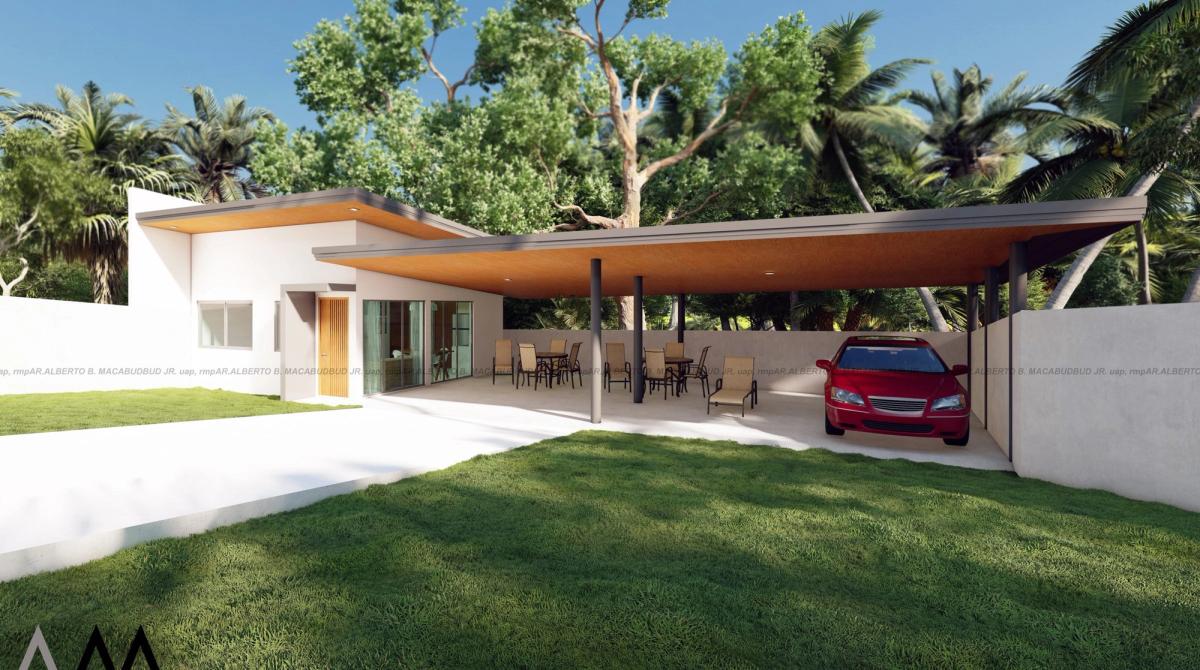 Single-storey residence with a long cantilevered roof and garden in Dauis