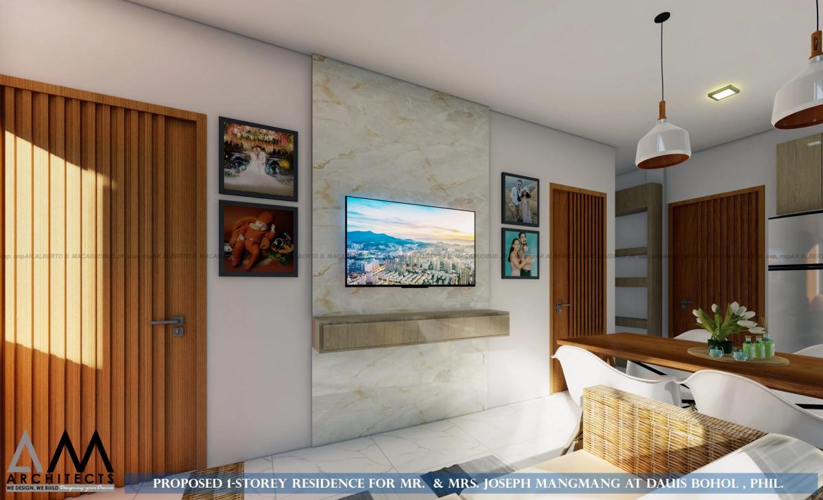 Living area with marble feature wall and timber doors