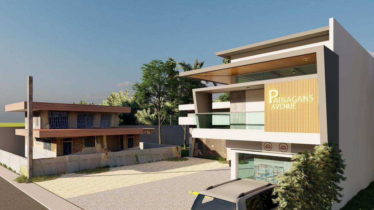 Close view of the shopfront, signage wall and forecourt