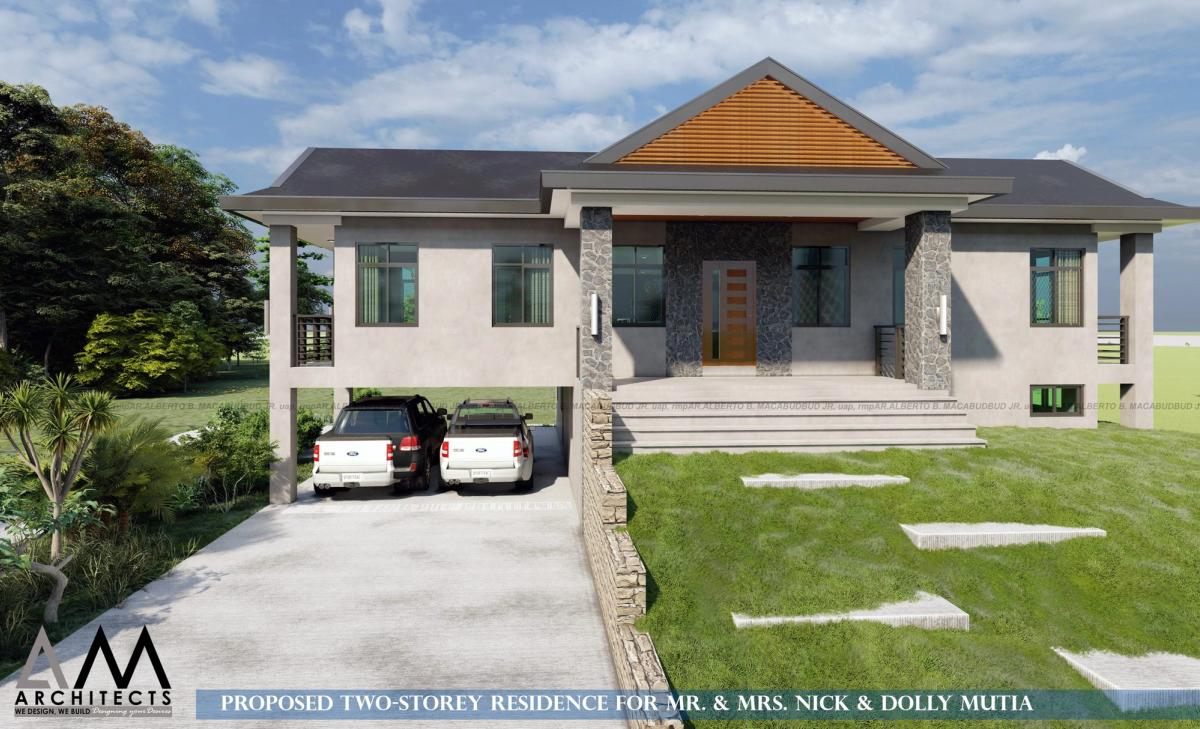 Two-storey hip-roof residence with carport and stone-clad columns in Carmen