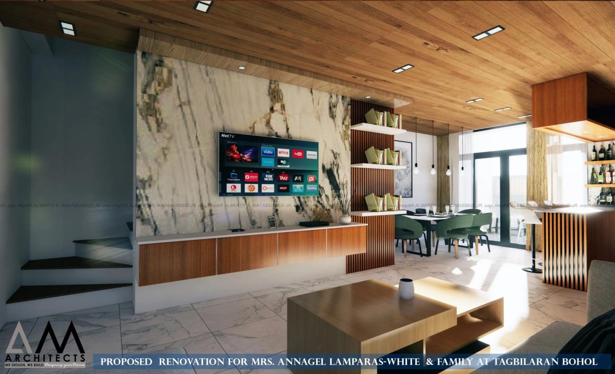Living area with marble feature wall and timber console