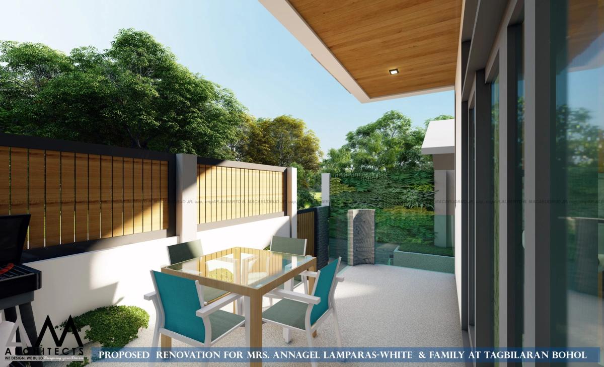 Covered outdoor dining terrace with timber screen wall