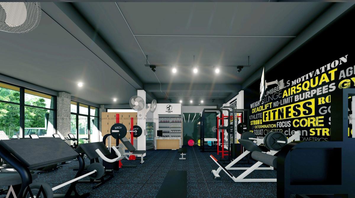 Interior of a fitness gym with weights area and graphic wall in Carmen