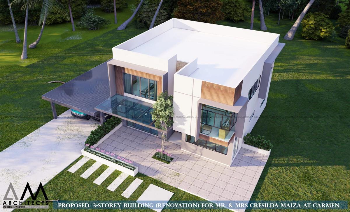 Aerial view of the building, carport and paved entry court