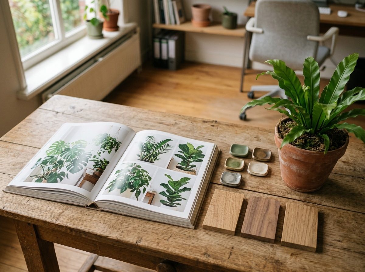 Opengeslagen inspiratieboek met plantfoto's op een eiken tafel, naast glazuurstalen, houtstalen en een varen in een terracotta pot