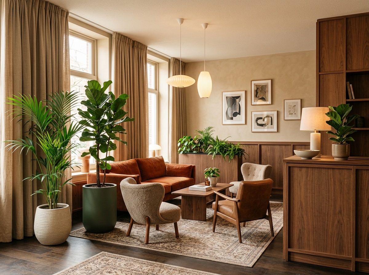 Loungehoek van een boutique hotel: twee linnen fauteuils rond een walnoten tafel, een kentiapalm en een groep planten op een eiken dressoir