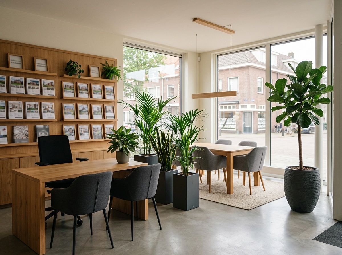 Kantoor van een makelaar: eiken bureau met twee lichte stoelen, een vioolbladplant bij het raam en planten op een walnoten dressoir