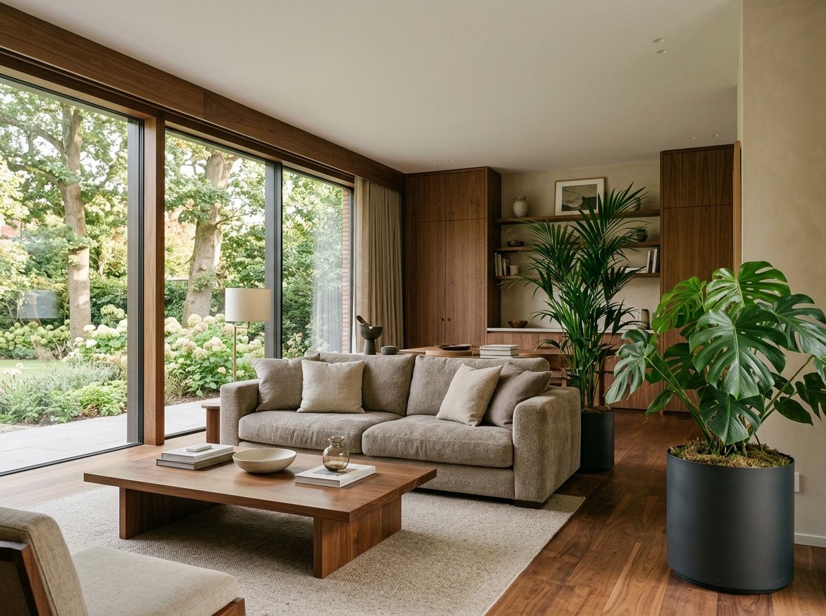 Woonkamer van een villa: lichte bank, walnoten salontafel en kentiapalmen bij een raam met tuinzicht