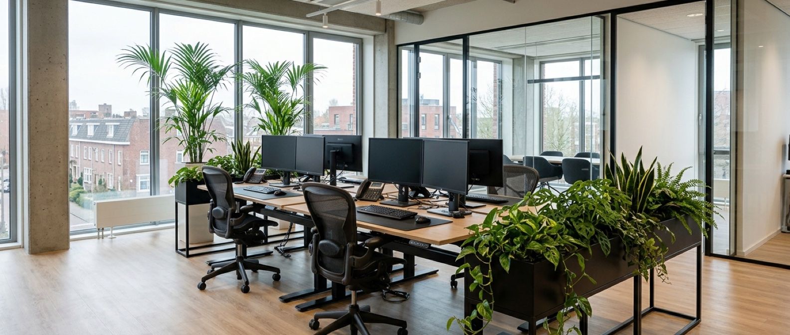 Werkplek in een kantoor met bureaus, taakstoelen en een zwarte plantenbak vol planten, met palmen bij het raam