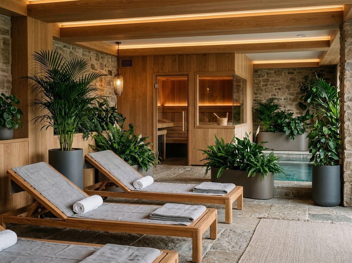 Wellnessruimte met houten ligbedden met handdoeken, een sauna, een dompelbad en veel groen