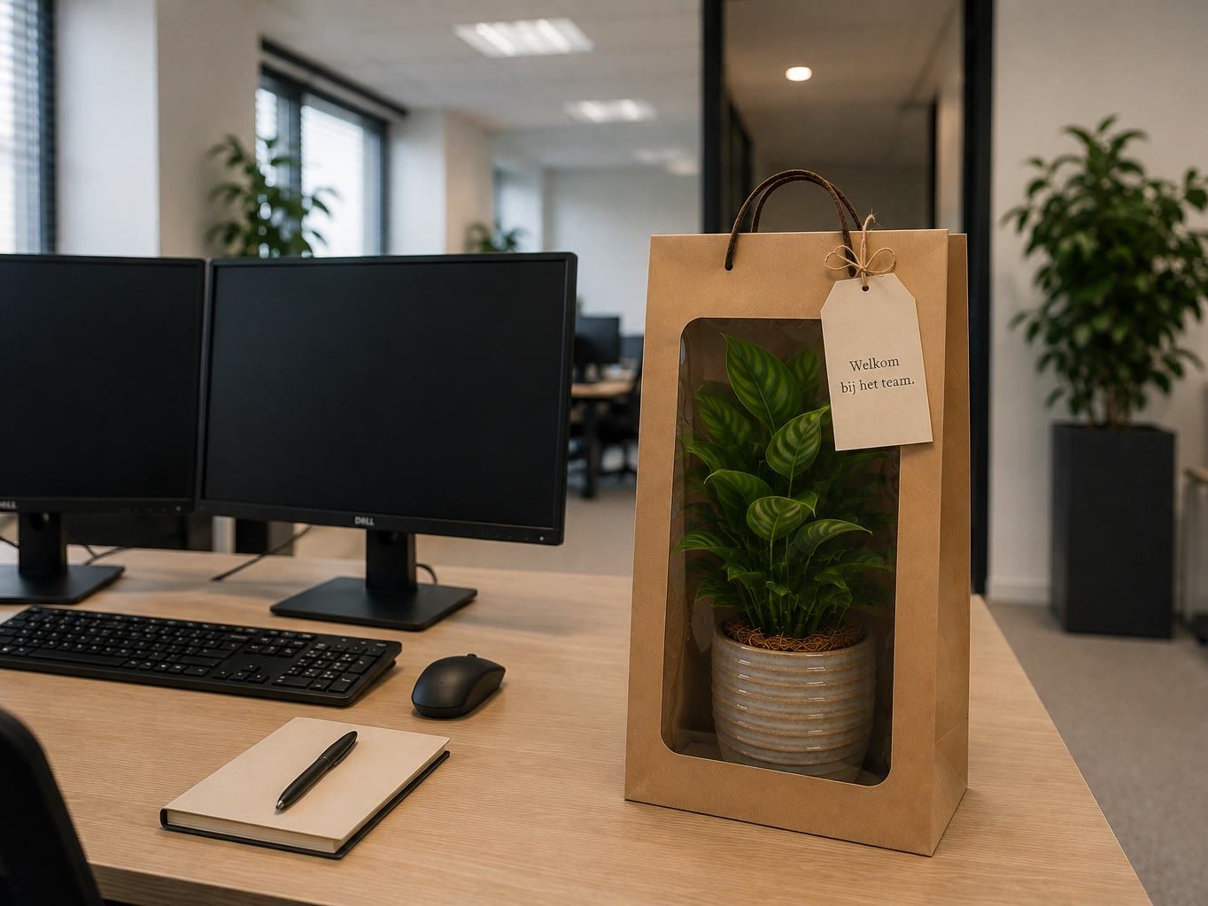 Kraft cadeautas met een plant in een keramische pot en het label 'Welkom bij het team', op een bureau in een kantoor