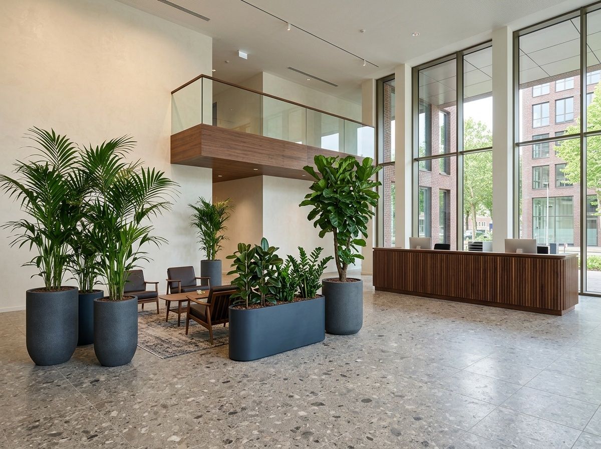 Dubbelhoge kantoorlobby met een terrazzovloer, een walnoten balie en een groep kentiapalmen in grote potten