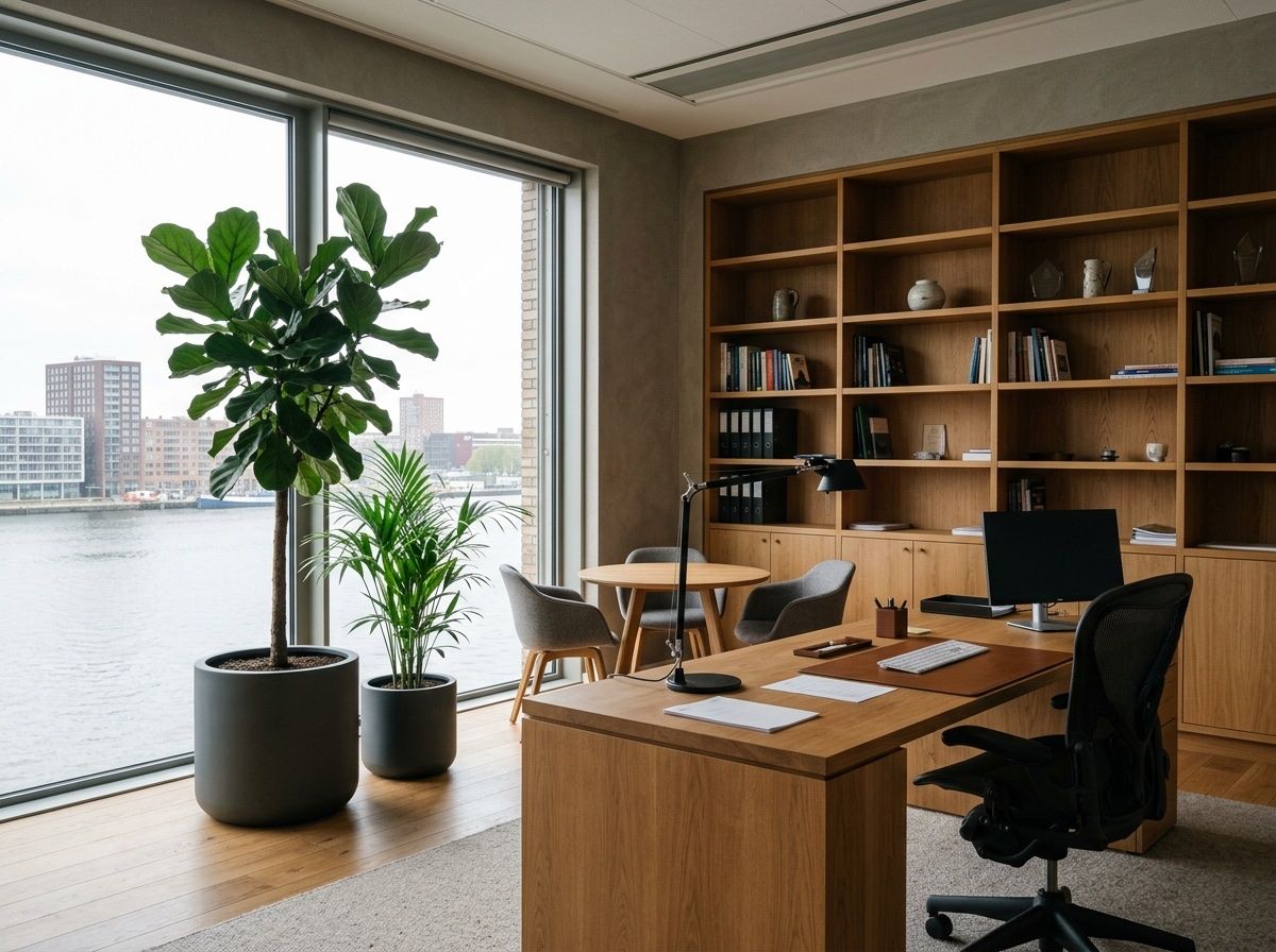 Directiekantoor met een groot eiken bureau, een boekenkast en een grote ficus bij het raam met havenzicht