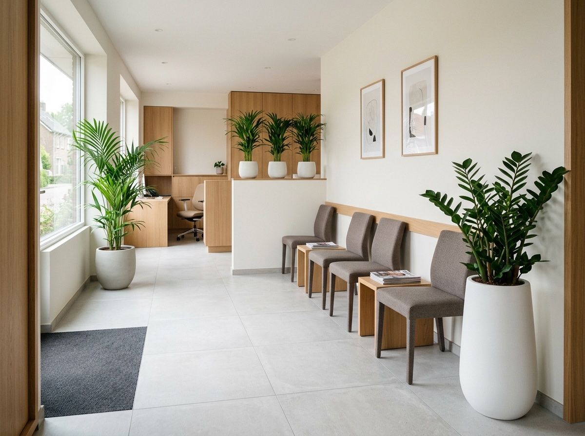 Wachtkamer van een tandartspraktijk met een rij stoelen, een balie op de achtergrond en planten in potten