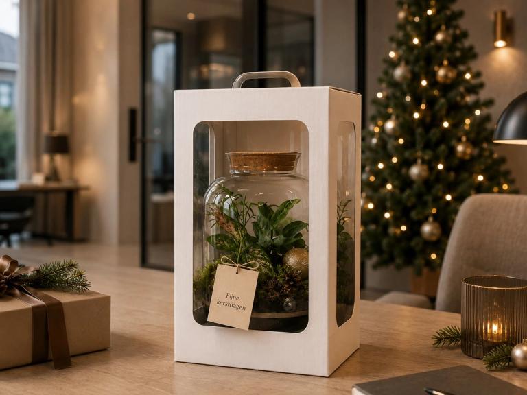 Terrarium met kerstgroen in een witte geschenkdoos met venster en het label 'Fijne kerstdagen', met een verlichte kerstboom op de achtergrond