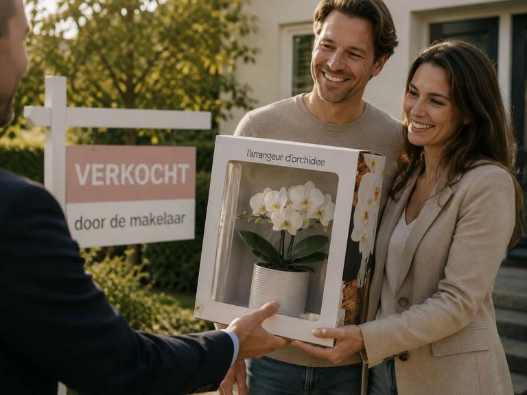 Stel ontvangt bij de woningoverdracht een geschenkdoos met een witte orchidee, met een verkocht-bord op de achtergrond