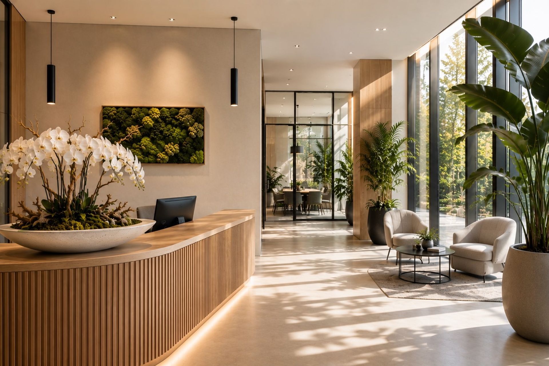 Ontvangstruimte van een kantoor met een volle groep planten, een kentiapalm, ficus, monstera en varen in keramische potten naast een eiken balie, links een rustige lichte wand