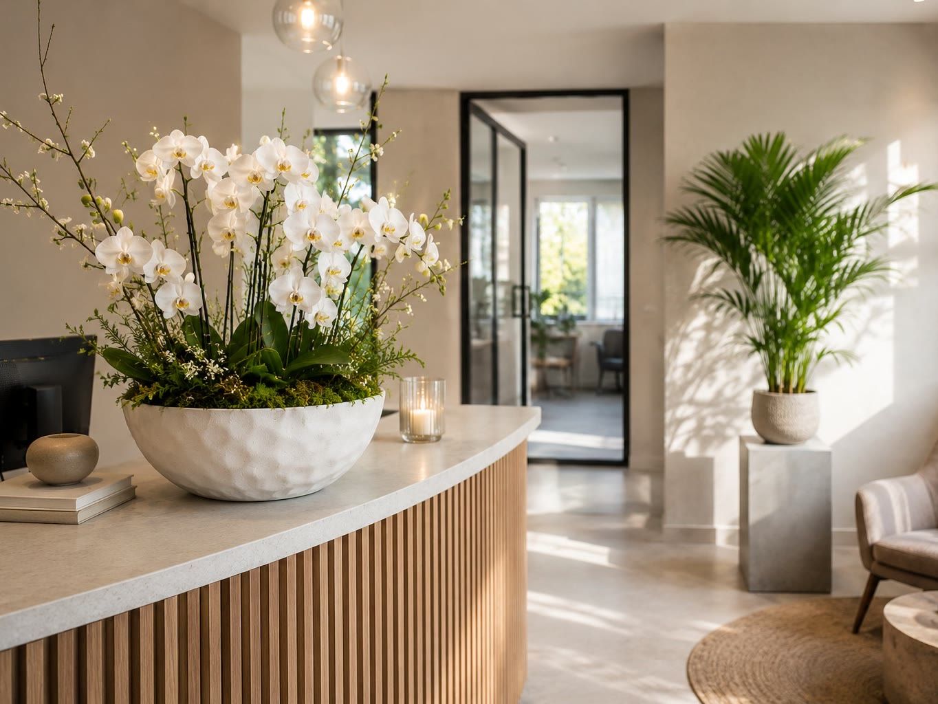 Voorjaarsarrangement met witte orchideeën en bloesemtakken in een witte schaal op een receptiebalie, met een kentiapalm op de achtergrond