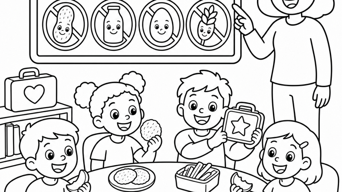 Coloring page of a classroom scene showing a teacher and children learning about food allergy safety, with allergy symbol icons on a bulletin board and kids enjoying safe snacks at a table.