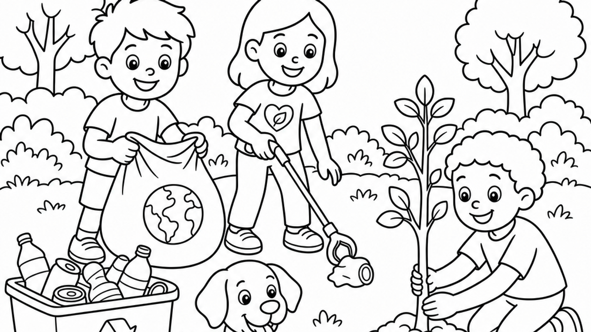 Coloring page of children and a dog cleaning up a park together for Earth Day, with trash bags, a recycling bin, and a tree being planted.