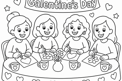 Coloring page of four moms sitting together at a table, laughing and coloring pictures to celebrate Galentine's Day friendship.