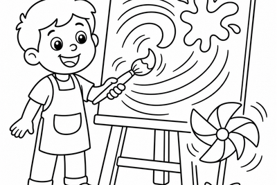 Black and white cartoon coloring page of a smiling child painting swirling motion lines and spinning shapes on a big canvas, showing kinetic movement in dynamic art