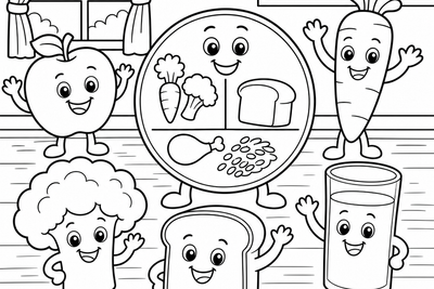 A coloring page featuring a smiling plate character surrounded by happy fruit and vegetable friends representing different food groups, designed to teach kids about nutrition.